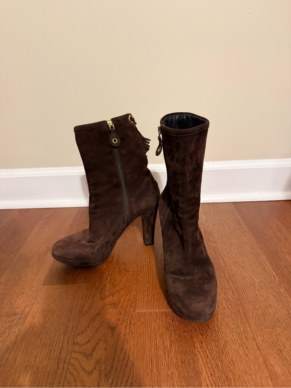 CAR SHOE by Prada Dark Brown Suede Tassel Heel Ankle Boots Size 37 US 7 Italy